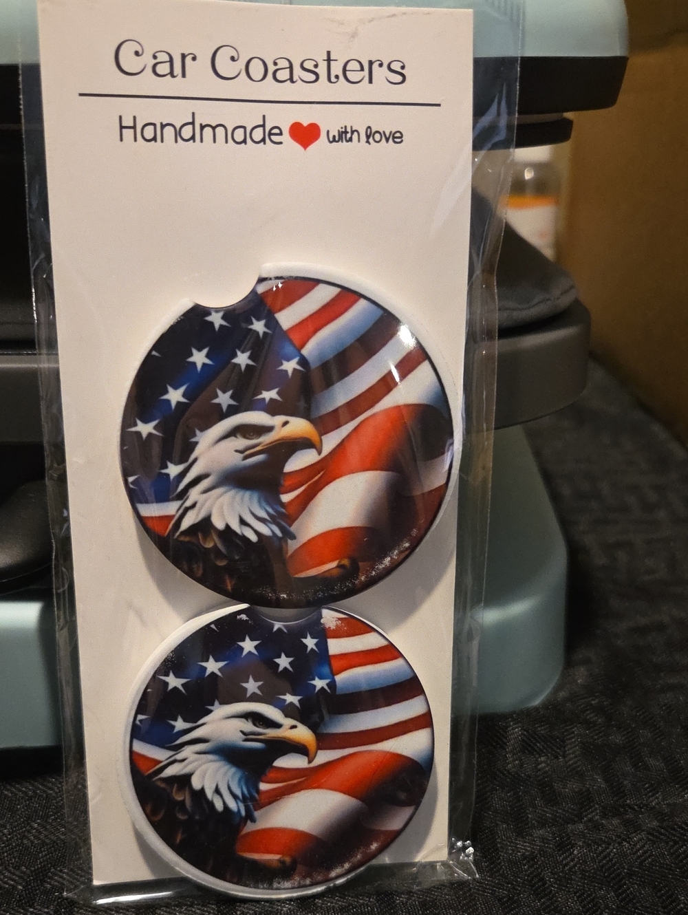 Handmade Car Coasters with Bald Eagle and American Flag - Red, White, Blue